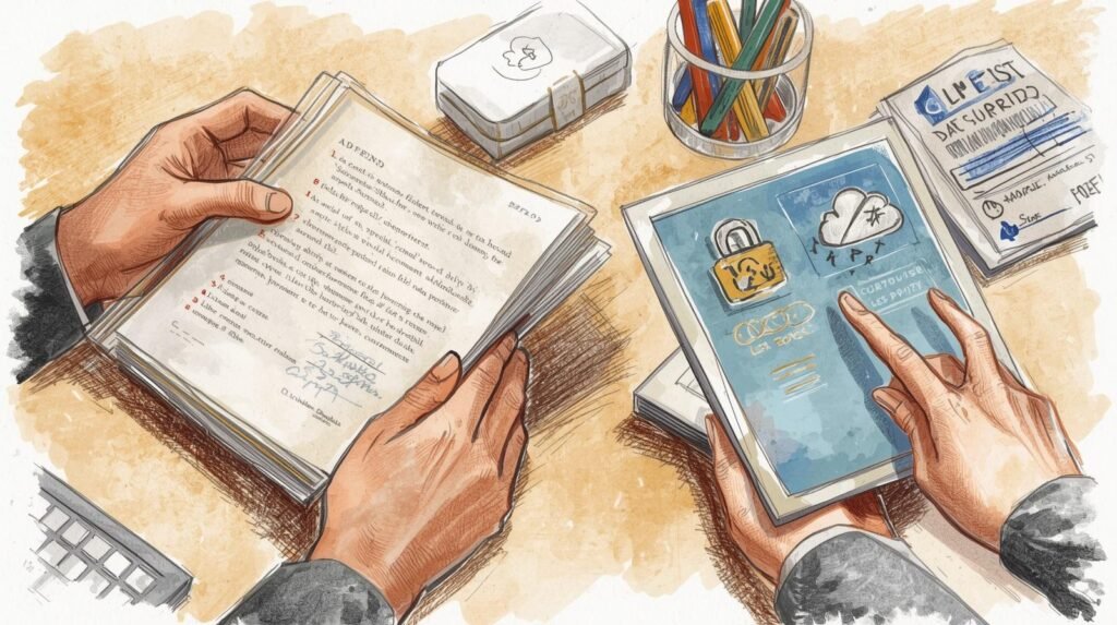 Person reviewing documents while using tablet with cloud storage for digital backup