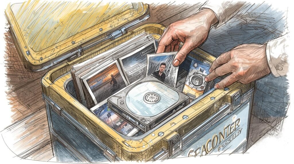 Hands placing photos and documents into a protective storage container for safekeeping