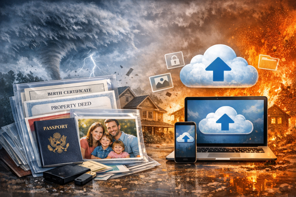 Vital documents and family photos protected by cloud backup during storm and fire disaster scene