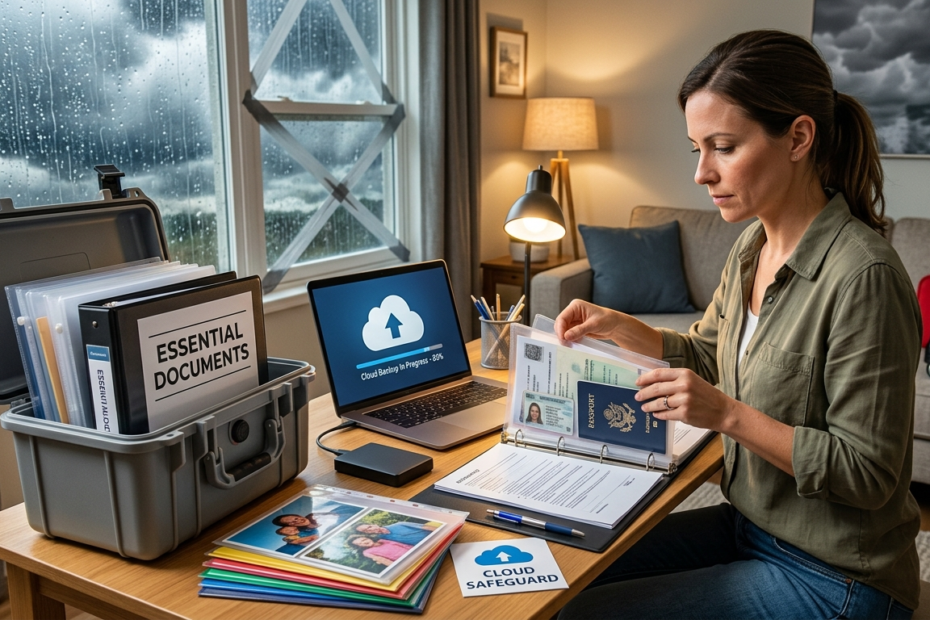 Woman organizing essential documents into a waterproof case with cloud backup during a storm